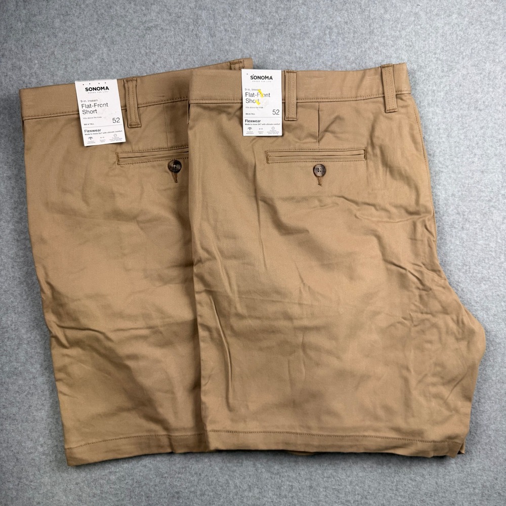 Sonoma Shorts Mens 52 Big Tall LOT of 2 Tan Flat Front Flexwear Stretch NEW